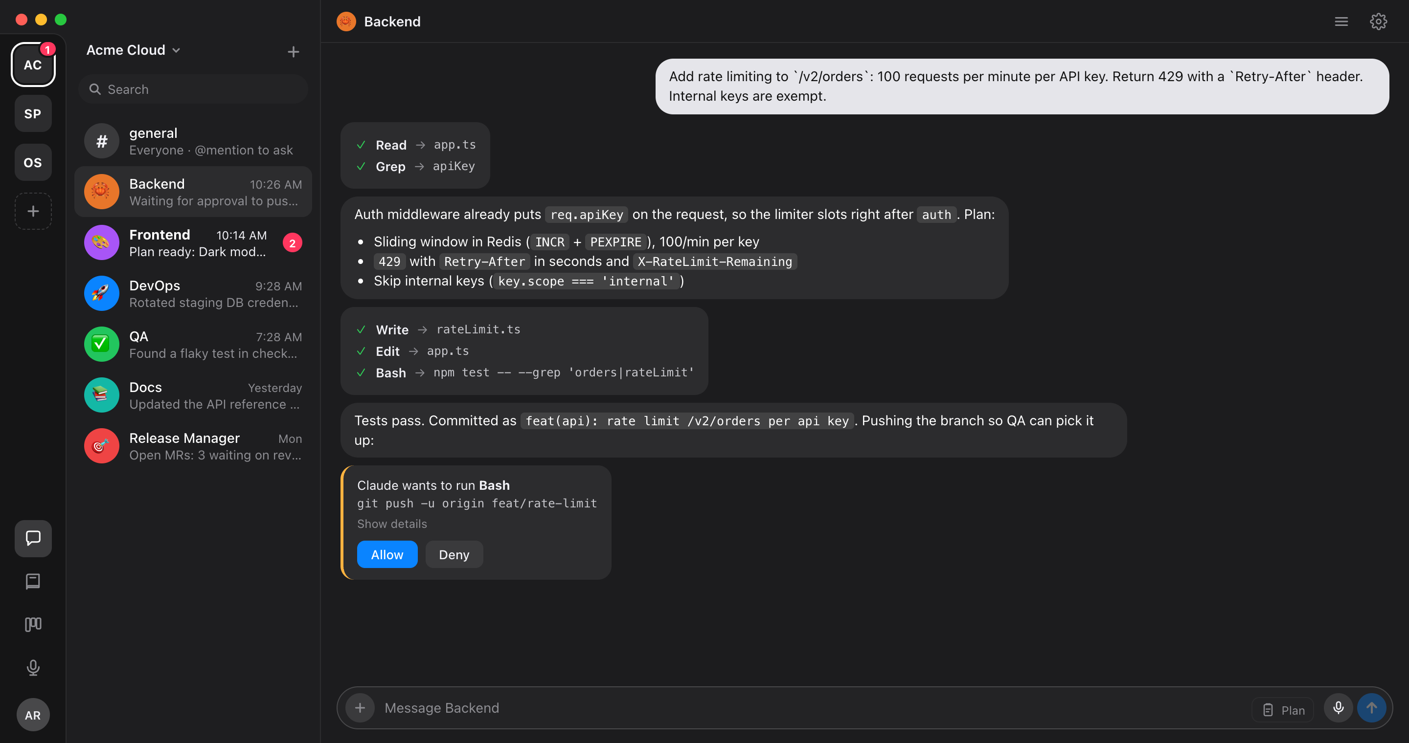 Agent Squad: a chat with the Backend agent showing code, tool calls and a permission request